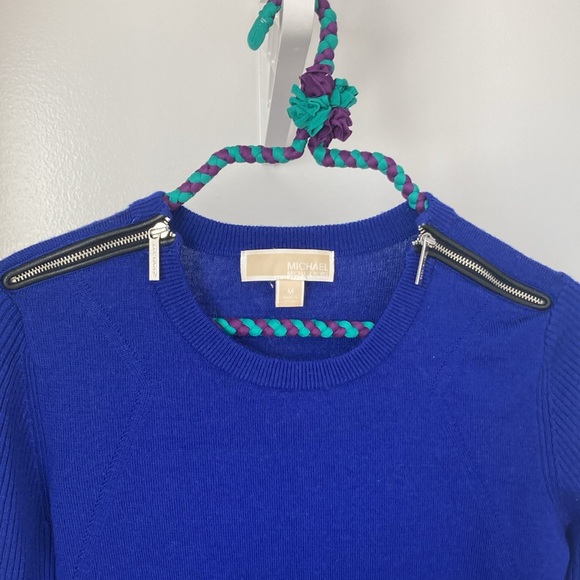 Michael Kors Blue sweater with leather shoulder zippers. - Picture 2 of 3